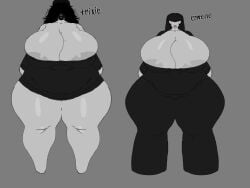 2024 2d 2d_(artwork) 2d_artwork 2girls areola_slip areolae big_breasts black_hair breasts character_name cleavage clothed clothing estelle_(heavensthroat) female female_only grey_body heavensthroat hourglass_figure long_hair reference_sheet roblox roblox_avatar robloxian text thick_thighs thighs tight_clothing trixie_(heavensthroat)