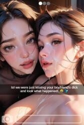 after_fellatio after_oral ai_generated blowjob camera caption cheating cheating_boyfriend cuckquean cum cum_on_breasts cum_on_face english_text eye_contact facial fellatio female female_focus foto holding_phone looking_at_viewer message message_box netorare ntr original original_character penis_kiss selfie snapchat social_media straight taliredmint taunting teasing text text_bubble