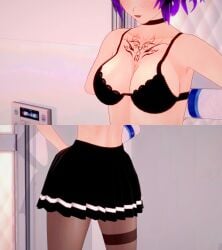 bathroom black_bra bra female female_only frostmistgg game_cg goth_gasp(game) koikatsu mia_williams(goth_gasp) pleated_skirt purple_eyes purple_hair shiny_skin skirt solo tights undressing