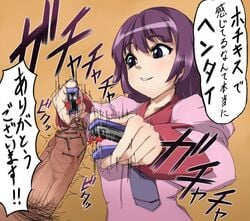 1boy 1boy1girl 1girls affront_to_nature bakemonogatari blood brown_background cock_and_ball_torture erect_penis erection female femdom foreskin guro male male_ryona monogatari_(series) pain penis purple_hair senjougahara_hitagi stapler text torture translated uncensored veins veiny_penis