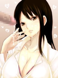 bra breasts brown_eyes brown_hair censored cleavage cum cum_on_body cum_on_breasts cum_on_upper_body facial huge_breasts kannagi_kaname lingerie original penis underwear