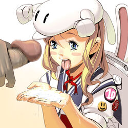 backpack bag blonde_hair blue_eyes censored copyright_request cum cum_bubble cum_in_mouth cum_in_nose cum_on_body cum_on_tongue cum_on_upper_body cum_string female masao nose_bubble penis randoseru smiley_face tongue