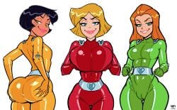 2d 2d_(artwork) 2d_artwork 3_bodysuits alex_(totally_spies) belt belt_buckle big_ass big_breasts big_pussy black_hair black_hair_female blank_background blonde_female blonde_hair bodysuit breasts camel_toe cameltoe clothed clothed_female clothing clover_(totally_spies) eyelashes flat_chest flat_chested grabbing_own_ass grabbing_own_breast green_suit lipstick looking_at_viewer pick_one plump_labia plump_pussy puffy_pussy pussy_wedgie red_hair red_suit redhead_female sam_(totally_spies) seducing seductive shiny_ass shiny_breasts shiny_suit skin_tight spy stretching_panties tan_skin totally_spies wifi yellow_suit
