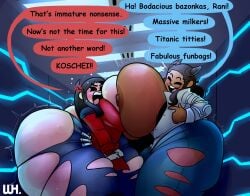 2girls angry annoyed annoyed_expression ass_bigger_than_head ass_expansion ass_growth asymmetrical_docking breast_expansion breast_growth breast_press breast_size_talk breasts_bigger_than_head bursting_breasts bursting_butt bursting_out_of_clothing cramped dark-skinned_female docking enjoying_expansion growing growth milkers pressing_breasts_together teasing tight_clothing tight_fit tight_space too_big whaturhoes