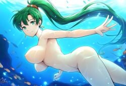 ai_generated alluring bare_legs completely_nude_female female fire_emblem fire_emblem:_the_blazing_blade fire_emblem_warriors green_hair intelligent_systems lyn lyn_(fire_emblem) lyndis lyndis_(fire_emblem) nightcore_(artist) nintendo nude ocean ponytail pussy skinny_dipping solo teal_eyes underwater