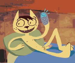 a_kitty_bobo_show alexis_wasilla anthro balls bed bedding bedroom brown_nipples domestic_cat electronics fangs feet felid feline felis freckled_face freckles fur furniture genitals hair holding_object holding_phone humanoid_genitalia humanoid_penis kitty_bobo lineless lying male mammal navel nipples nude on_back on_bed open_mouth open_smile paws penis phone pillow pink_penis_tip pubes raised_leg smile solo teeth text yellow_body yellow_eyes yellow_fur
