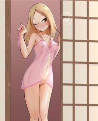 babydoll_lingerie commission commissioner_upload holding_panties kaga_rin nyoronyan seductive teenager textless_version transparent_clothing usagi_drop useless_clothing wink