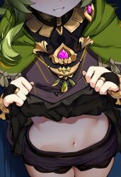 ai_generated belly belly_button collei_(genshin_impact) exposed_belly exposed_torso genshin_impact green_hair lifting_shirt midriff navel shorts smile tummy yngg224556