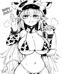 animal_ears animal_print bikini breasts catura_(granblue_fantasy) chinese_zodiac cleavage cow_ears cow_girl cow_hat cow_horns cow_print detached_sleeves draph ear_piercing female female formicid granblue_fantasy greyscale highres horns large_breasts long_hair looking_at_viewer monochrome navel piercing pointy_ears solo swimsuit waving_arm year_of_the_ox