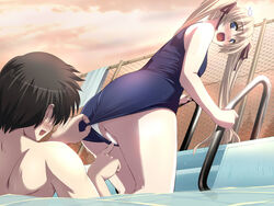 assisted_exposure blonde_hair blue_eyes blush censored chainlink_fence copyright_request fence from_below getting_out_of_pool long_hair looking_at_pussy nishiyama_maruta one-piece_swimsuit open_mouth pool pool_ladder poolside pussy school_swimsuit sweatdrop swimsuit swimsuit_aside tied_hair twintails