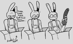 1boy 2026 5_fingers anthro bodily_fluids box cardboard cardboard_box clothed clothed_anthro clothed_male clothing comic container digital_drawing_(artwork) digital_media_(artwork) dildo directional_arrow english_text eyebrows fingers glitch_productions greyscale hi_res holding_dildo holding_object holding_sex_toy humanoid_dildo jax_(tadc) jax_(the_amazing_digital_circus) lagomorph lemy00n_aid leporid male male_only mammal monochrome monotone_background noseless overalls rabbit sex_toy simple_background solo sweat sweatdrop sweaty_face teeth text the_amazing_digital_circus wide_eyed