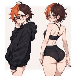 ai_generated booty_shorts brown_eyes brown_hair circle feet feet_focus female female_focus geek glasses kyokalovesxo light-skinned_female light_skin moles nerdy_female petite round_ass small_boobs smaller_female split-color_hair wedgie wedgied_female younger_female