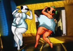 1girls 2girls ass bald bald_female black_eyes bounce bounce_house bouncing breasts chetoh chubby chubby_female claire_(chetoh) cleavage egg female female_focus female_only green_body hands_in_air leaf leaf_hair looking_at_viewer mandy_(chetoh) oc orange orange_body original original_character original_characters photo_background rear_view smile smiling smiling_at_viewer towel towel_only white_body wink winking winking_at_viewer