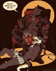 2025 5_fingers abs after_orgasm american_opossum anthro biker_boots biker_jacket black_body black_fur black_nose blindfold bodily_fluids boots boxers_(clothing) burrows_(captain_nikko) captain_nikko chair clothed clothing cum cum_drip cum_dripping_from_penis cum_drop cum_in_clothing cum_in_mouth cum_in_underwear cum_inside cum_on_boots cum_on_clothing cum_on_face cum_on_footwear cum_on_penis cum_through_clothing cum_through_underwear dripping duo ear_piercing ear_ring english_text felid fingers footwear fur furniture gay gay_male genital_fluids genitals gold_(metal) gold_jewelry grey_(captain_nikko) hi_res humanoid_genitalia humanoid_penis jewelry ken_(captain_nikko) leash looking_at_viewer male male/male mammal marsupial muscular muscular_anthro muscular_male nipples open_clothing open_mouth open_topwear pantherine partially_clothed partially_clothed_anthro partially_clothed_male penis piercing pink_inner_ear pink_nose ring_piercing saliva shoes speech_bubble talking_to_viewer teeth text topwear underwear vein veiny_penis wet wet_clothing wet_underwear whiskers yaoi yellow_sclera yellow_teeth