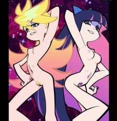 accurate_art_style armpits blonde_hair blue_eyes blue_hair breasts bun_hair edit edited_screencap exposed_breasts exposed_clitoris exposed_nipples exposed_pussy lemoeve nipples nude nude_female panty_&_stocking_with_garterbelt panty_anarchy pose pubic_hair pussy stocking_anarchy