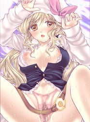 blonde_hair breasts female hat large_breasts long_hair long_sleeves lying navel nipples open_clothes open_shirt panties pussy pussy_juice shirt silent_sinner_in_blue solo spread_legs sweat tears touhou underwear watatsuki_no_toyohime yellow_eyes yukarigawa_yumiya