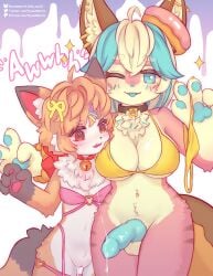 2025 absurd_res accessory anthro areola areola_slip awwing balls bell bell_collar big_breasts black_collar blue_areola blue_eyes blue_knot blue_pawpads blue_penis bodily_fluids bottomless bow_ribbon bra breasts cleavage clothed clothing collar colored dessert digital_drawing_(artwork) digital_media_(artwork) donut_(misterdonut) doughnut duo ear_piercing female food fur genital_fluids genitals gesture gynomorph gynomorph/female hair hair_accessory hair_ribbon hairbow hand_gesture hi_res holding_clothing holding_object holding_panties holding_underwear inner_ear_fluff intersex intersex/female knot knotted_penis navel navel_piercing neck_tuft nia_(senz) nyanmorris one_eye_closed orange_body orange_eyes orange_fur orange_hair panties panties_down partially_clothed pastry pawpads paws penis piercing pink_body pink_bra pink_clothing pink_fur pink_panties pink_underwear precum red_inner_ear red_pawpads ribbons saliva saliva_on_penis saliva_string simple_background size_difference small_breasts smaller_female sparkles spiral spiral_eyes sprinkles_in_fur sprinkles_on_face tail tan_body tan_fur text tongue tongue_out tongue_piercing tuft underwear underwear_down v_sign vulva white_inner_ear white_inner_ear_fluff wink yellow_bra yellow_clothing yellow_panties yellow_underwear