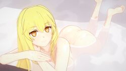 1girls 3d arm_support barefoot big_breasts blonde_hair breasts busty feet female female_only hi_res large_breasts legs long_hair looking_at_viewer lying on_stomach onsen orange_eyes partially_submerged pose posing sensual sexy sexy_pose shokuhou_misaki smile solo the_pose thighs to_aru_kagaku_no_railgun to_aru_majutsu_no_index voluptuous water