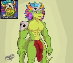 abs anthro bone bone_mask bottomwear bulge claws clothed clothing detailed_bulge doctor english_text erection erection_under_skirt feathers green_body hi_res lihzahrd lizard loincloth loincloth_only looking_at_viewer magic_user male mask muscular muscular_anthro muscular_arms muscular_male nipples nohum pecs reptile scales scalie scaly_tail shaman skirt skull skull_accessory skull_mask solo stare staring_bird_mask tail terraria text topless tribal tribal_outfit tribal_spellcaster witch witch_doctor_(terraria)