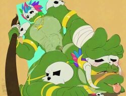 abstract_background absurd_res anal anal_sex ass_up bandage bandaged_leg blush blush_lines blushing_profusely bone bone_mask bracelet duo feathers feet foot_focus genitals gold_(metal) gold_bracelet gold_jewelry hi_res horn jewelry male mask muscular muscular_male narrowed_eyes open_mouth open_smile penetration penis selfcest sex skull skull_accessory skull_head skull_mask smile square_crossover staff step_pose step_position stepped_on tabascomilk terraria tongue tongue_out vein veiny_penis witch_doctor_(terraria) yellow_horn