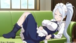 1girl 1girls absurd_res ai_assisted ai_generated anime ass blue_dress blue_eyes blush boobs boots breasts bubble_butt butt cleavage curvaceous curvy curvy_figure frills high_ponytail high_resolution highres hourglass_figure huge_ass huge_breasts huge_butt indoors lace-up_boots large_breasts light-skinned_female looking_at_viewer maid maid_headdress on_sofa patreon patreon_logo patreon_username ponytail reclining smile solo sylpha_langlis tensei_shitara_dai_nana_ouji_dattanode,_kimamani_majutsu_o_kiwamemasu thick_thighs thighs very_long_hair veyluna voluptuous white_apron white_hair wide_hips window