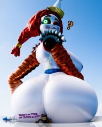 ? animatronic animatronic_female ass ass_focus black_sclera breasts bunny_ears clown clown_girl clown_makeup clown_nose five_nights_at_freddy's giantess glitchtrap green_eyes hat headgear huge_ass jackie_(fnaf) large_breasts larger_female long_hair masteryorg0 nude nude_female purple_eyes red_hair sitting sitting_on_person sleeves smaller_male speech tagme text the_mimic_(fnaf) thick_thighs wide_hips