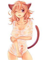 1futa breasts bulge cat_ears cat_tail fangs futanari guri_(bluedrop) hands intersex large_breasts long_hair nipples open_mouth original penis pink_eyes pink_hair see-through shirt shirt_tug solo_futa straight_hair tail wet wet_clothes wet_shirt wink