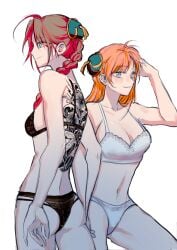 2girls aged_up back_tattoo black_bra black_panties blue_eyes bra braid braided_hair braided_ponytail bun_cover female female_only genderswap_(mtf) gintama gintama:_be_forever_yorozuya irezumi kagura_(gintama) kamui_(gintama) long_hair looking_at_viewer medium_breasts ohmypoorkamui orange_hair panties red_hair rule_63 siblings sisters small_breasts smile tattoo white_bra white_panties