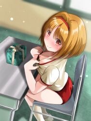 1girls 2d_(artwork) big_breasts blonde_hair blush blushing_at_viewer classroom_of_the_elite clothed clothing_pull female kushida_kikyou pulling_own_clothes sitting sitting_on_chair smile smiling_at_viewer uncensored uncensored_breasts