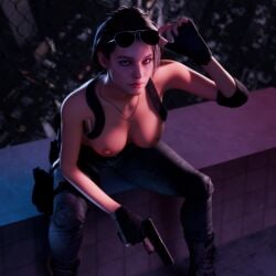 3d artist_request aviator_sunglasses blender boots brown_hair fingerless_gloves gloves holding_weapon holster jeans jill_valentine looking_at_viewer necklace outdoors outside resident_evil resident_evil_3 resident_evil_3_remake serious skinny_jeans sunglasses_on_head tactical_gear thigh_holster thigh_strap topless topless_female topless_jeans white_skin