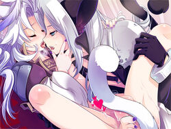 2boys animal_ear aqua_eyes bottomless censored closed_eyes crossdressing cum cute_fang dissidia_final_fantasy femboy femboy_only final_fantasy final_fantasy_ix final_fantasy_vii gay gloves heart homosexual kissing kuja long_hair male male/male male_only nail_polish open_mouth penis saliva sephiroth shima_chiyo shoulder_pads silver_hair spread_legs straight_hair tail teeth toes tongue yaoi