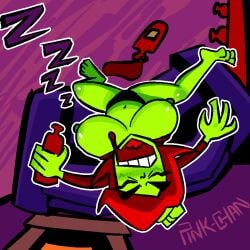 1girls annie_bell antonblast barefoot bird's-eye_view bottle breasts_out clothes_lift drooling green_skin hat large_breasts long_sleeves nipples panties pink-chan red_hair shirt_lift sleeping snoring sofa viewed_from_above