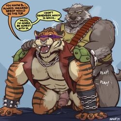 1:1 abs age_difference ammunition anal anal_sex annoyed anthro anthro_on_anthro anthro_penetrated anthro_penetrating anthro_penetrating_anthro armband balls bandolier bara bebop bed bed_covers bed_sheet bedding bedroom bedroom_sex biceps big_muscles big_pecs black_clothing black_fingerless_gloves black_gloves black_handwear blue_background bodily_fluids boomer_(nanoff) bottomless bottomless_anthro bottomless_male bracelet breath canid canine canis chain_jewelry chain_necklace chains claws clothed clothing costume daddy dialogue doggy_style dripping duo english_text erection erection_while_penetrated eyebrows eyewear facial_piercing fangs felid feline fingerless_gloves from_behind_position frown fur furniture furry gay genital_fluids genitals gloves grey_body grey_fur grin grumpy halloween halloween_costume hand_on_shoulder handwear hi_res holding_shoulder holidays humping jewelry leaking_precum looking_at_another looking_at_partner looking_back looking_back_at_another looking_back_at_partner low-angle_view male male/male male_penetrated male_penetrating male_penetrating_male mammal manly mature_anthro mature_male miles_(nanoff) multicolored_body multicolored_fur musclegut muscular muscular_anthro muscular_arms muscular_male muscular_thighs musk musk_cloud nanoff necklace nipples nose_piercing nose_ring older_anthro older_dom_younger_sub older_male orange_body orange_fur pantherine pecs penetration penile penile_penetration penis penis_in_ass piercing pounding_ass precum precum_drip precum_from_penis precum_on_bed precum_pooling precum_puddle purple_eyewear purple_sunglasses raised_eyebrow red_clothing red_topwear red_vest ring_piercing rocksteady sex shirt shoulder_grab shoulder_pads simple_background smile speech_bubble spiked_armband spiked_bracelet spiked_shoulder_pads spikes standing standing_sex sunglasses sunglasses_on_face sweat sweatdrop sweaty_arms sweaty_body sweaty_chest sweaty_face sweaty_legs tail tank_top teeth text thick_arms thick_thighs thrusting thrusting_forward tiger tongue topwear two_tone_body two_tone_fur vest wearing_sunglasses white_body white_fur wolf wristband yellow_clothing yellow_eyes yellow_shirt yellow_tank_top yellow_topwear younger_anthro younger_male younger_penetrated