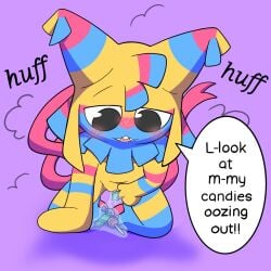 2026 animate_inanimate anthro blush blush_lines blushcrunch_studio bodily_fluids candy colored dandy's_world dessert digital_drawing_(artwork) digital_media_(artwork) female food genital_fluids genitals herm hi_res intersex kneeling living_pinata lucky_luxio object_in_pussy open_mouth pinata roblox shaded simple_background solo speech_bubble spread_legs spread_vulva spreading tail teeth text vaginal_fluids vulva yatta_(dandy's_world)