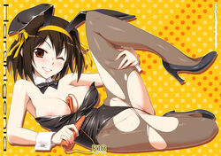 animal_ears bare_shoulders big_breasts blush breasts brown_eyes brown_hair bunny_ear bunnysuit carrot cuffs female female_only high_heels human large_breasts nipple_slip nipples pantyhose pointy_chin shoes short_hair smile solo spread_legs suzumiya_haruhi suzumiya_haruhi_no_yuuutsu tomomimi_shimon torn_clothes torn_pantyhose vibrator wink wrist_cuffs