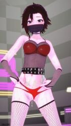 1girls arrancon black_hair black_hair_female condom_balloon condom_belt condom_filling fishnet_legwear half-dressed half_naked half_naked_female mask masked masked_female rave rave_outfit rave_party red_highlights ruby_rose rwby silver_eyes solo_female