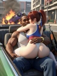 3d ai_generated ak-47 arms_around_neck asian_female ass ass_focus carl_johnson couple couple_(romantic) crossover dark-skinned_male dead_or_alive eastern_and_western_character explosion gangster ghetto gold_jewelry grand_theft_auto grand_theft_auto:_san_andreas gun hand_around_waist happy hugging interracial jewelry kasumi_(doa) kunoichi light-skinned_female los_santos ponytail romantic straddling wowzerpowzers
