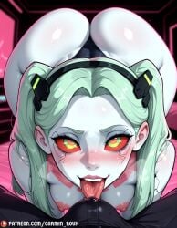 1boy ai_generated all_fours artificial_eye ass black_panties blush breasts bulge carminroux colored_sclera colored_skin cyberpunk:_edgerunners cyberpunk_(series) cyborg erection erection_under_clothes fellatio female green_eyes green_hair hairband licking long_hair looking_at_viewer mechanical_eye nipples nose_blush open_mouth oral panties patreon_logo patreon_username pov rebecca_(edgerunners) red_pupils red_sclera saliva small_breasts solo_focus straight tattoo teeth tongue tongue_out twintails underwear web_address white_skin