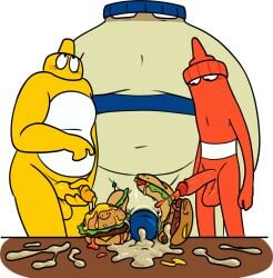 ambiguous_gender anthro burger consentacleez cum cursed excessive_cum fat food food_creature food_humanoid hot_dog hotdog ketchup mayonnaise mustard sandwich sandwich_(food) sub_sandwich tagme