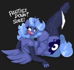 absurd_res alicorn anthro anthrofied areola armwear black_background blue_areola blue_body blue_eyes blue_hair blue_tail breasts clothed clothing clothing_around_one_leg cutie_mark dialogue elbow_gloves english_text equid equine female fingerless_gloves fingers flutterthrash friendship_is_magic genitals gloves hair handwear hasbro hi_res horn legwear long_hair lying mammal mostly_nude my_little_pony mythological_creature mythological_equine mythology on_back open_mouth panties panties_around_one_leg panties_down partially_clothed princess_luna_(mlp) simple_background solo stockings tail teeth text thigh_highs tongue underwear underwear_around_one_leg underwear_down vulva wings