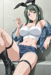 1girls against_wall ai_generated alternate_costume arm_support bare_shoulders bible_black bible_black_only blue_eyes boots bunny_ears bunny_ears_headband cigarette cigarette_smoke clothing curvaceous curvy curvy_body curvy_female curvy_figure denim denim_shorts fake_animal_ears female female_focus female_only fishnets green_hair hairband high_resolution holding_object ito_mika jacket kazsam leather long_boots long_hair looking_at_viewer navel nipple_bulge nipples open_jacket outdoors parted_bangs pinup prostitute prostitution revealing_clothes shiny shiny_hair shiny_skin short_shorts shorts sitting skimpy skimpy_clothes slim_waist slutty_clothes slutty_female smoking smoking_cigarette solo solo_focus stairs stockings strapless street teen teenage_girl teenager thighs tubetop uncensored very_long_hair wide_hips