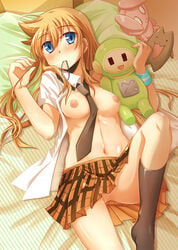 blonde_hair blue_eyes breasts brown_tie footwear hyakko kageyama_torako lying mouth_hold navel necktie no_panties open_clothes open_shirt pikachi plaid plaid_skirt plushie pointy_chin pussy shirt skirt socks stuffed_animal tartan tie upskirt