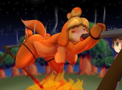 3_toes 4_fingers absurd_res all_the_way_through animal_crossing anthro black_nose blonde_hair blush bondage breasts brown_eyes brown_hair canid canine canis character_prepared_as_food clothed clothing dead_eyes death domestic_dog duo feet female female_death fingers fire forest fur genitals gore hair hi_res human impalement isabelle_(animal_crossing) lactation male mammal night nintendo nipples outside pawpads penetration plant shirt solo_focus star steam tail toes tongue tongue_out topwear toy_dog tree vulva waynekan yellow_body yellow_fur