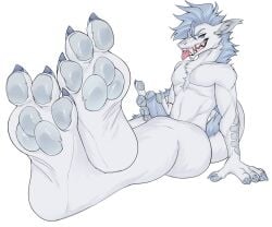 3_toes alternate_version_at_source anthro athletic blue_eyes blue_hair blue_penis censored_version_at_source claws dragon exposed_belly fangs feet foot_fetish foot_focus freaksiekins fur furred_dragon furred_scalie genitals grin grinning_at_viewer hair hi_res male masturbation mythological_creature mythological_scalie mythology nude penis scales scalie sklifos smile smiling_at_viewer solo teeth toes wrinkled_feet wrinkles