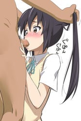 1boy 1girls azusa_nakano_(k-on!) black_hair blush censored clothed_female_nude_male clothed_on_nude deepthroat fellatio female forced forced_oral hair_grab hair_pull handlebars human human_only irrumatio k-on! long_hair male mosaic mosaic_censoring oral penis pulling_twintails rape red_eyes school_uniform straight tears tied_hair twintails youkan