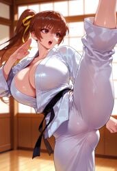 1girls ai_generated balecxi bangs belt black_belt blurry_background blush breasts brown_eyes brown_hair cleavage clothing collarbone curvaceous curvaceous_female curvaceous_figure curvy curvy_figure dead_or_alive dougi female female_focus fighting_stance flexible hair_ribbon high_kick huge_breasts indoors karate_gi kasumi_(doa) kicking large_breasts leg_up long_hair long_sleeves martial_arts_belt open_mouth pants ponytail ribbon solo split standing standing_on_one_leg standing_split teeth thighs upper_teeth_only voluptuous voluptuous_female white_pants wooden_floor yellow_ribbon