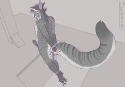 air_dancing angel_lust ankle_cuffs anthro asphyxiation athletic breath_play cuff_(restraint) death ear_piercing ear_ring erection execution gallows handcuffs hands_behind_back hanged hanged_(short_drop) hi_res hood hraath imminent_death male metal_cuffs monochrone noose piercing restraints ring_piercing sarin_(saerro) simple_background snuff solo stripes tail