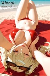1girl 2025 2026 4k absurd_res absurdres accessories ai ai-created ai-generated ai_art ai_assisted ai_generated alphai alternate_costume anime beach beach_towel bikini blonde_hair blushing breasts burnice_white cinematic_lighting close-up closeup clothing colorful_background curvy curvy_ass curvy_body curvy_female curvy_figure curvy_hips day depth_of_field detailed_hair detailed_skin detailled_background dramatic_shadows eyelashes eyeliner eyewear female_face female_focus female_only happy high_quality high_resolution highres hoyoverse large_breasts looking_at_viewer looking_over_eyewear looking_over_sunglasses lying mihoyo naughty_face navel on_back outdoors particles patreon patreon_link patreon_url patreon_username raised_eyebrows red_bikini red_eyes sand seductive_eyes selfie shadow solo solo_focus sunglasses swimsuit tinted_eyewear tongue_out towel twintails volumetric_lighting watermark zenless_zone_zero zzz