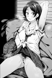 absurdres arm_up armpit_hair armpits bag bar_censor breasts censored cleavage clothes_lift commission couch earrings female female_pubic_hair greyscale hayami_kanade highres idolmaster idolmaster_cinderella_girls jewelry kaauchi medium_breasts miniskirt monochrome necklace no_panties plaid_clothes plaid_skirt pubic_hair pussy school_bag school_uniform short_hair sitting skeb_commission skirt skirt_lift solo window