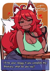 big_breasts big_thighs cleavage female fox_ears fox_tail furry_ears furry_tail green_topwear iamsyntara jeans leash oerba_yun_fang red_hair scam simple_background simple_coloring simple_shading sitting smile terraria text text_box zoologist_(terraria)